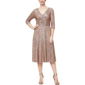 Alex Evenings Sequin A Line Gold Sparkle Sequin Disco Party Dress 4 NWT